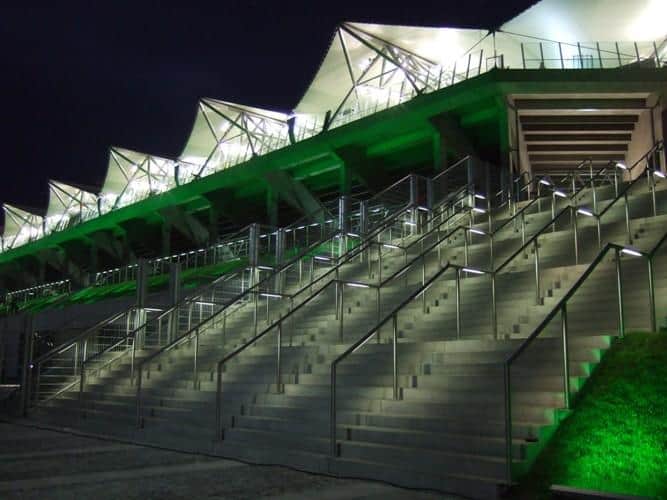 led illuminated balustrade by the London stadium stairs